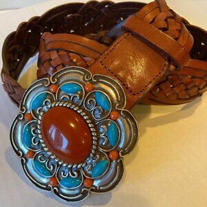 Olga Santini genuine brown leather western belt with large jeweled buckle, M